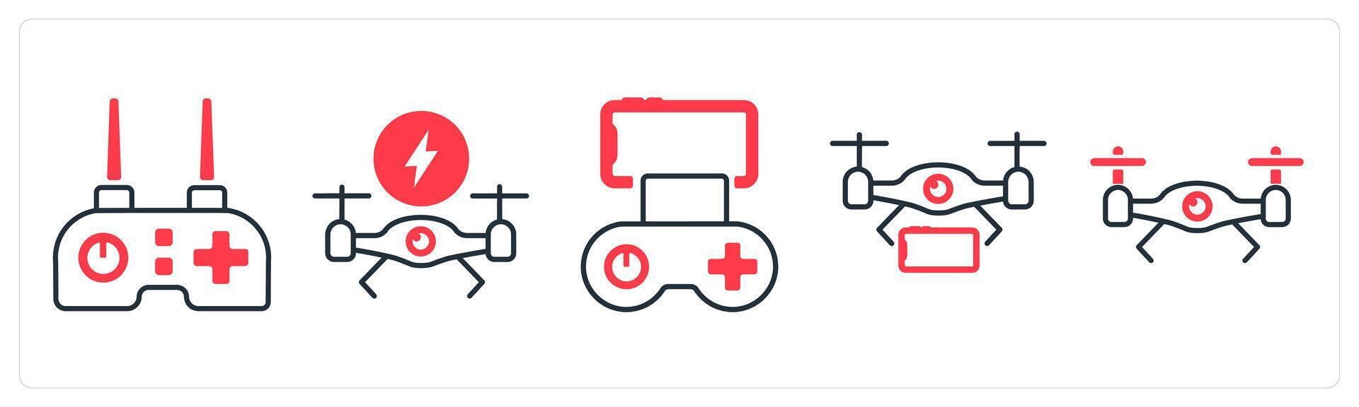 A set of 5 mix icons as drone controller, charging drone, delivery drone in red color vector