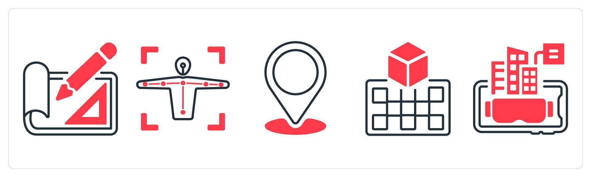 A set of 5 mix icons as projection mapping, motion capture, navigation in red color vector