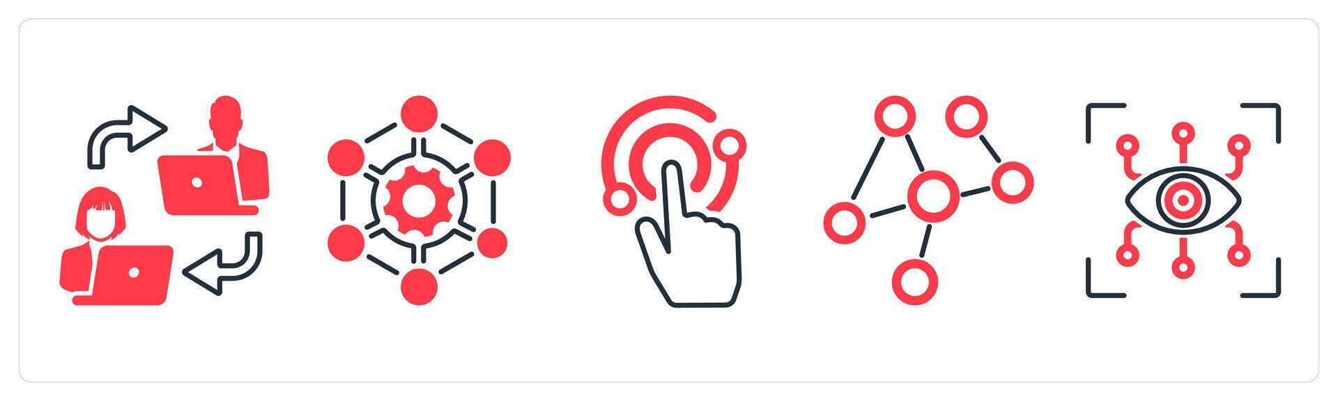 A set of 5 mix icons as communication, framework, interaction in red color vector