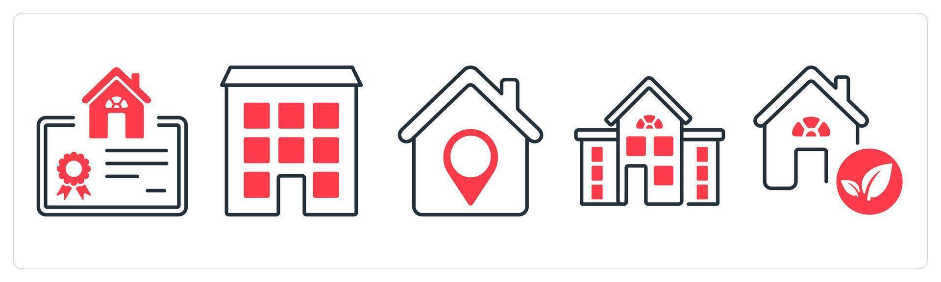 A set of 5 mix icons as ownership, flat, property location in red color vector