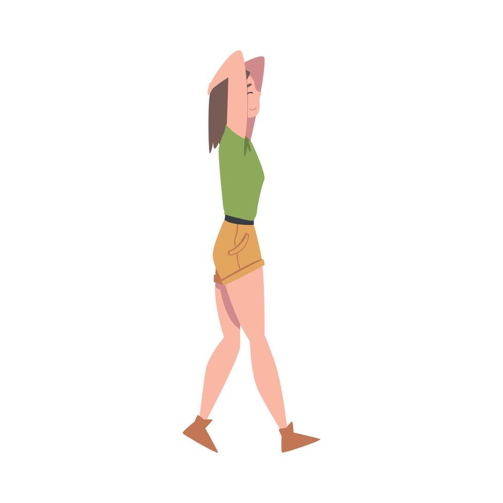 Woman Character in Shorts Going or Walking Taking Steps Forward Side View Illustration vector