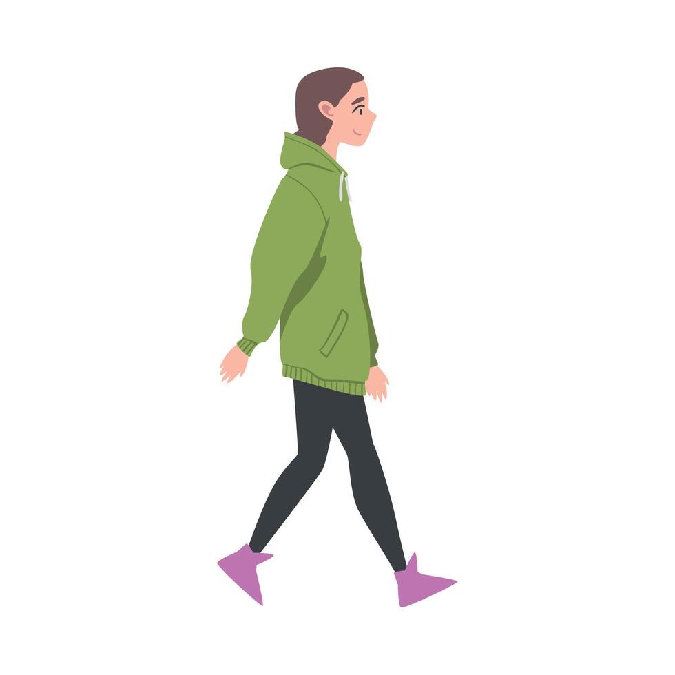 Walking Woman Character Wearing Hoody Taking Steps Forward Side View Illustration vector