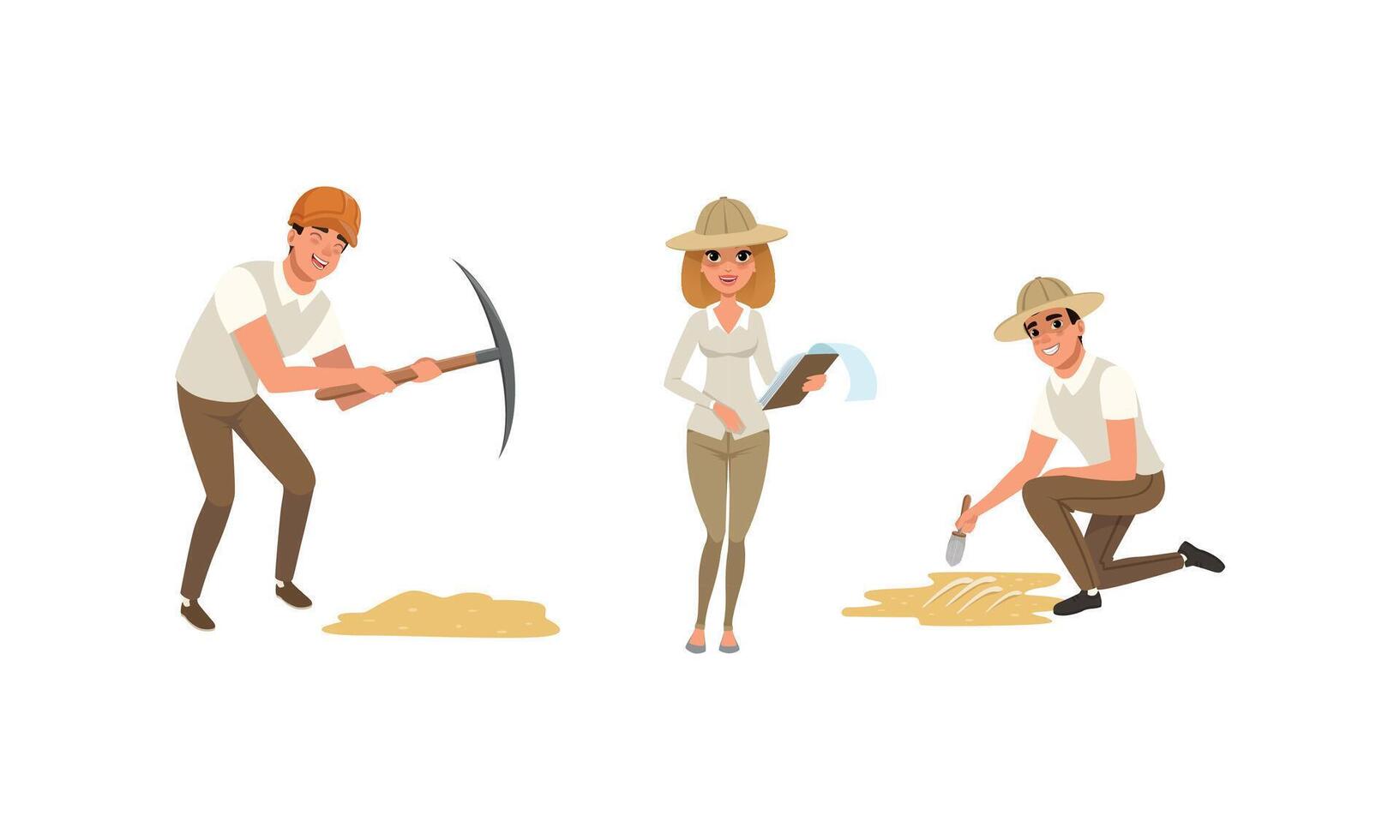 Archaeologist Characters Working on Excavations Set, Scientists Digging, Exploring, and Describing Historical Artifacts Cartoon Illustration vector