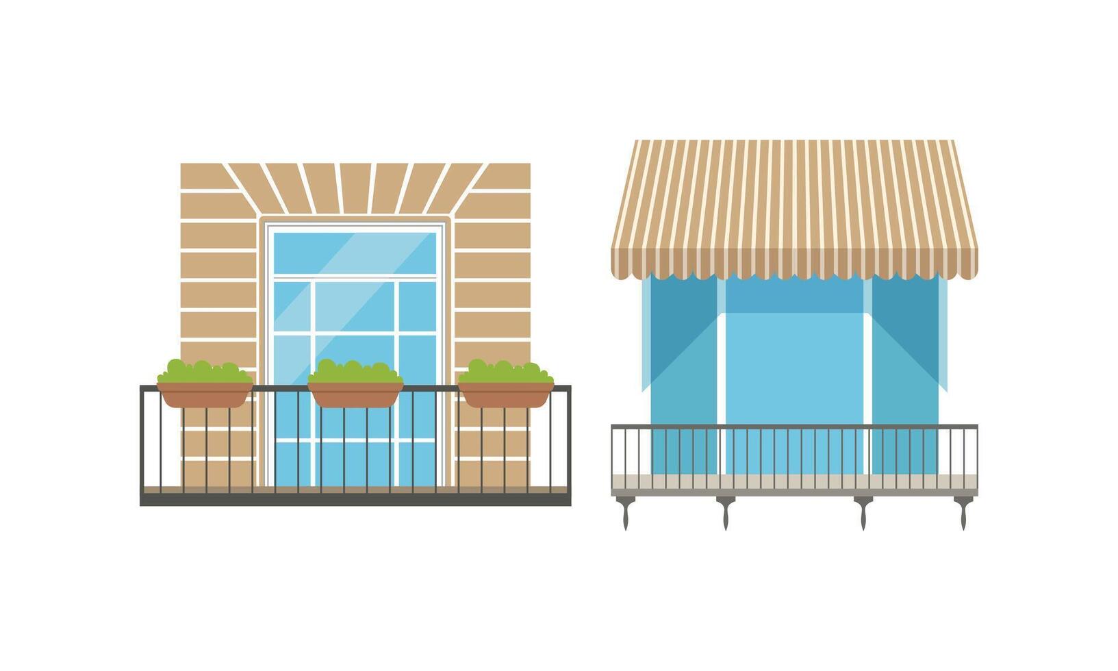 Set of Balcony Windows, Modern and Retro House Facade Design Elements Illustration vector