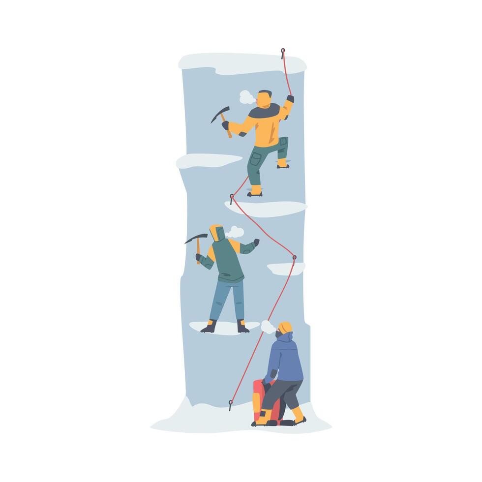 Group of People with Axe Ascending Mountain Covered with Snow and Ice Illustration vector