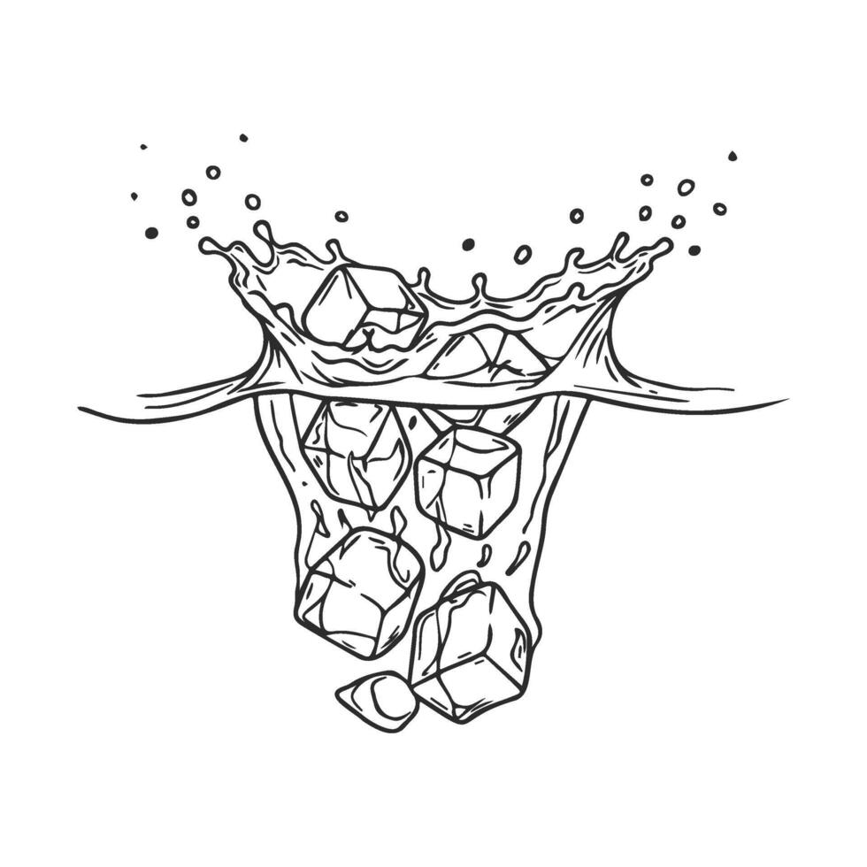 Ice cubes splashing into water line art vector