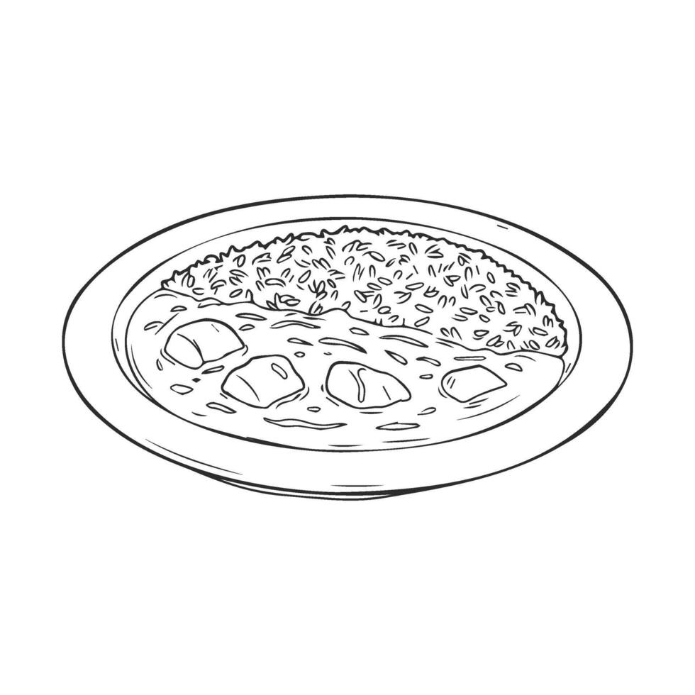 Black and white of chicken curry with rice on a plate vector