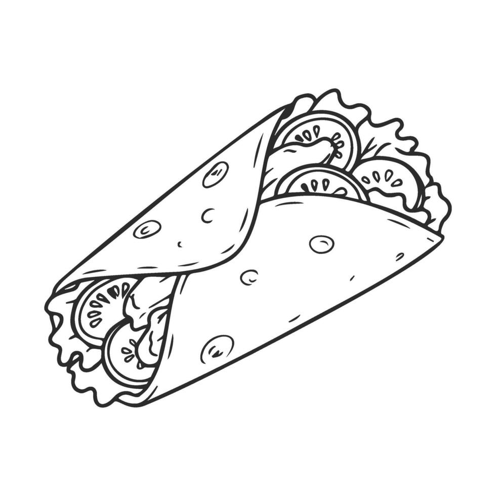 Black and white burrito line art with fresh vegetables and lettuce vector