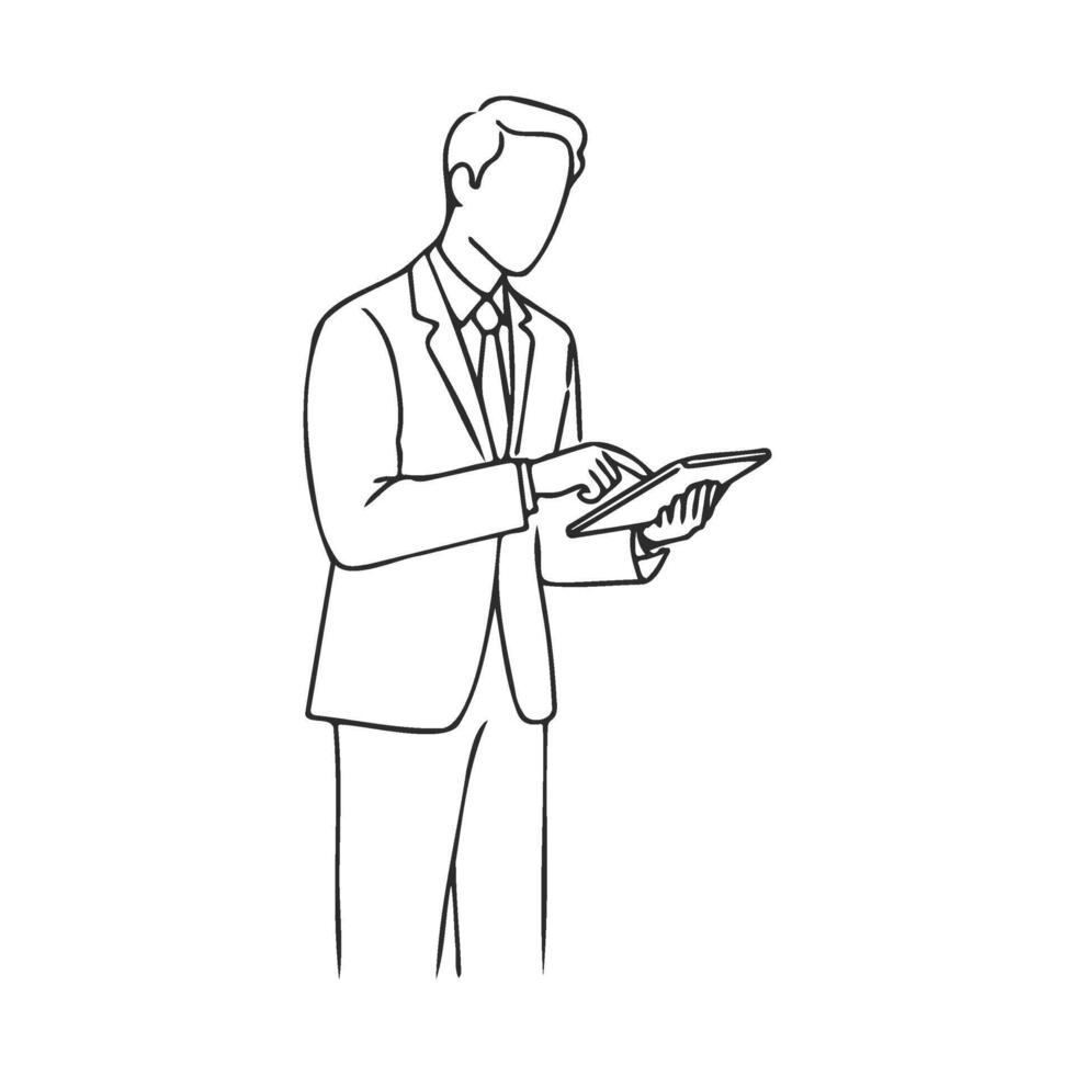 Businessman using digital tablet line drawing vector