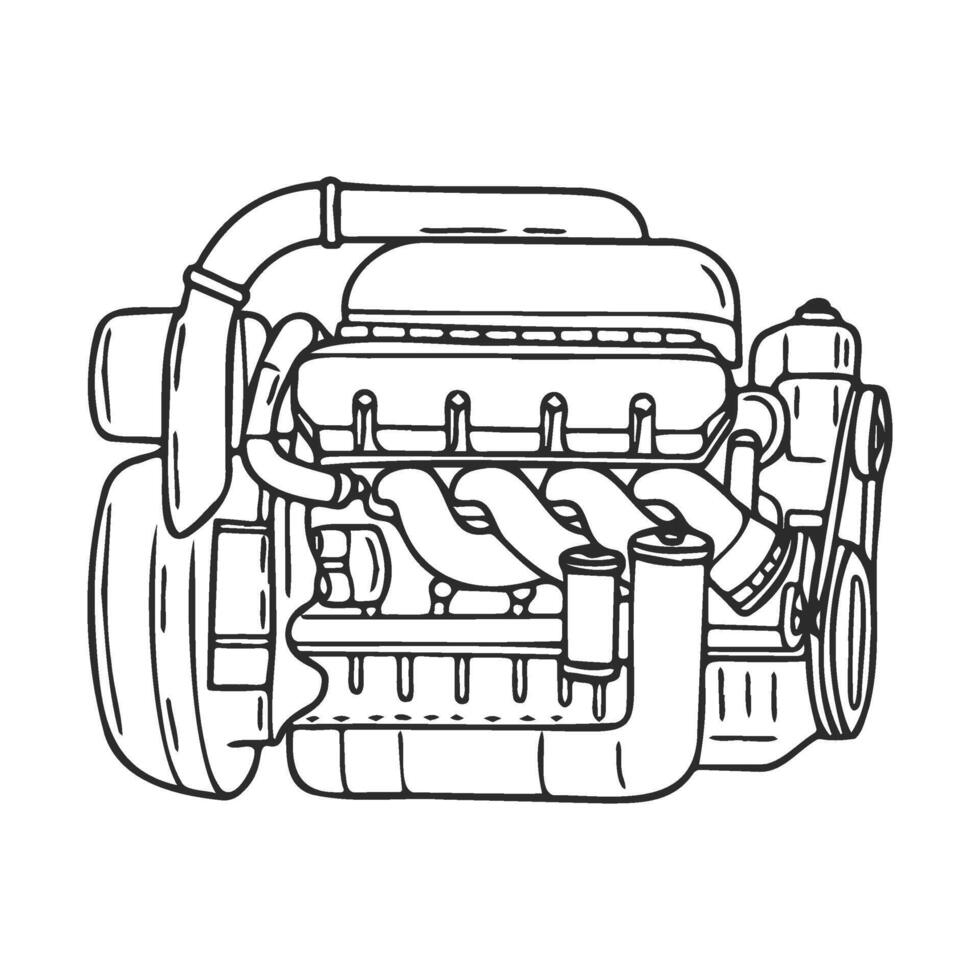 Detailed black and white line drawing of a car engine with complex components vector