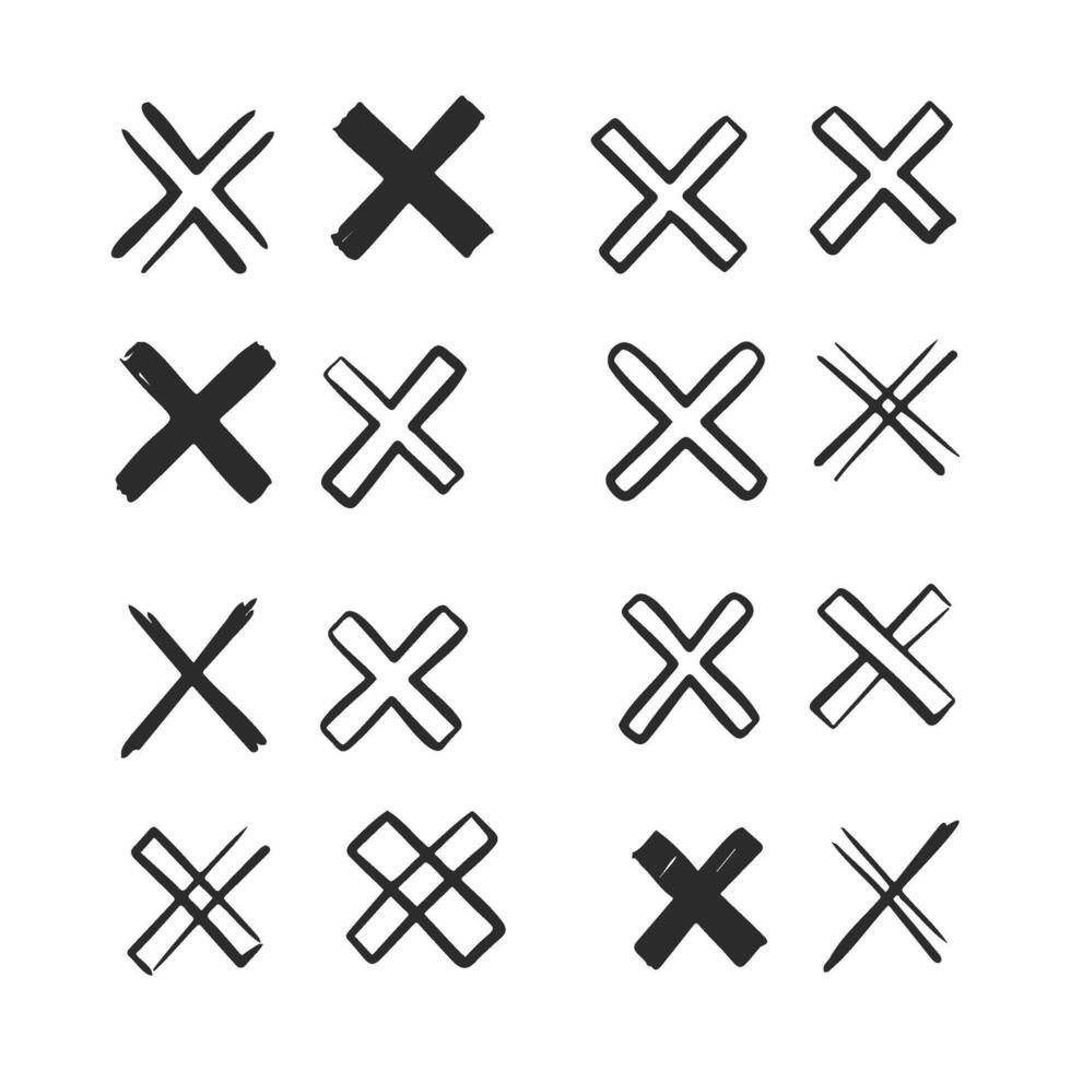 Set of diverse black x marks in various styles on white background vector