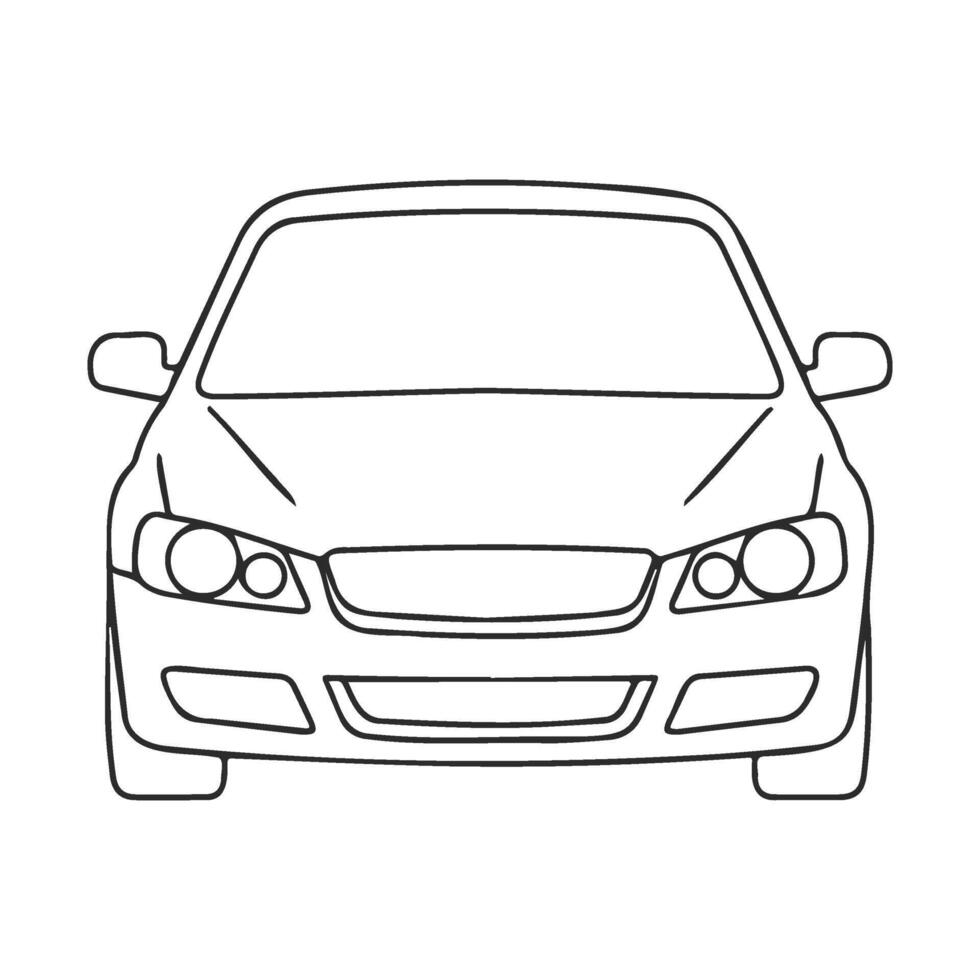 Line drawing of a car front view with detailed headlights and grille design vector