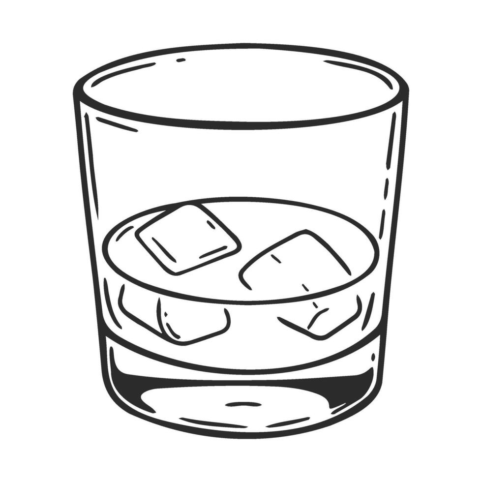 Black and white of a whiskey glass with ice cubes vector