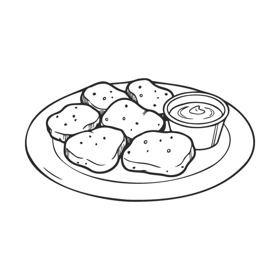 Plate of chicken nuggets with dipping sauce sketch in black and white vector