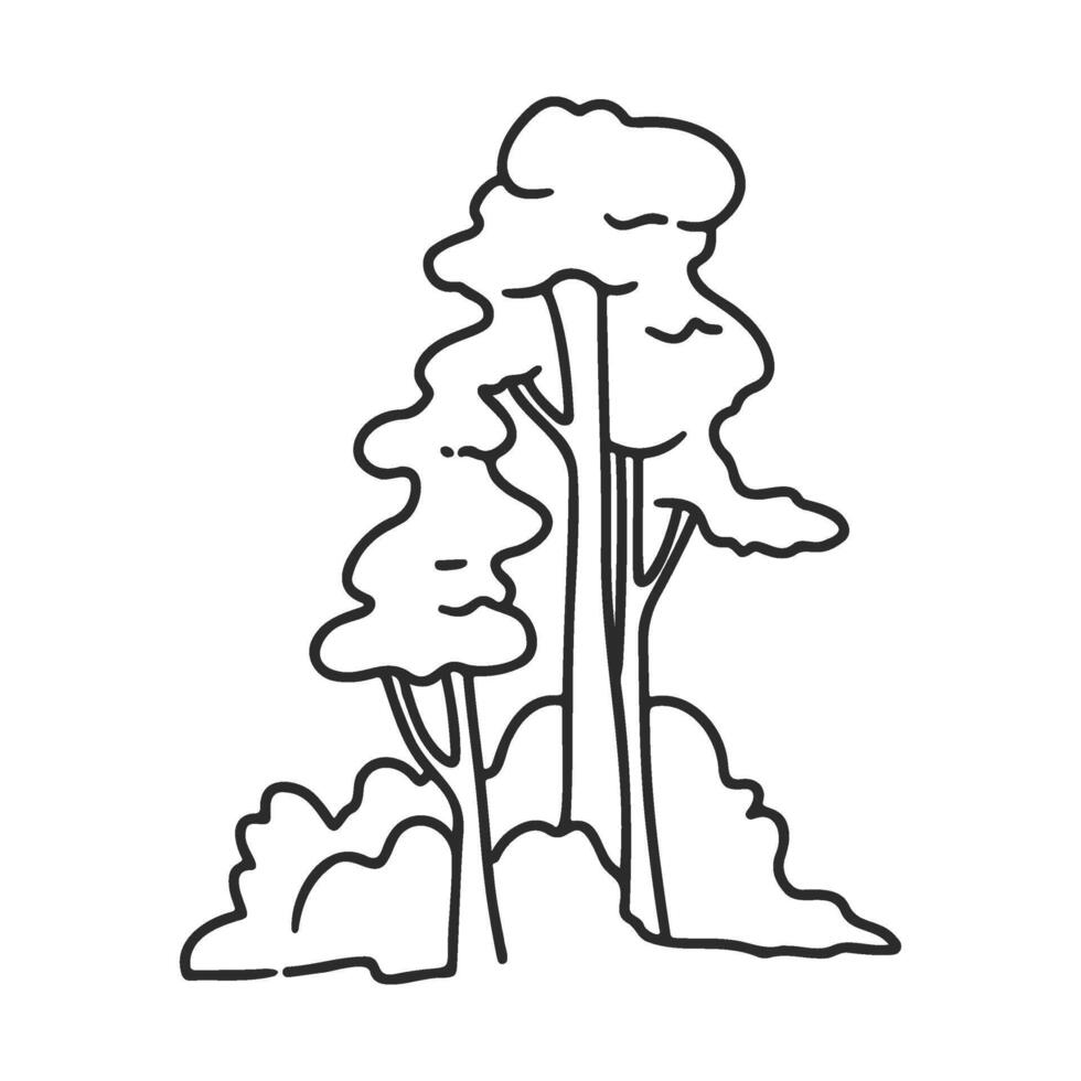 Simplistic black and white line drawing of tall trees and shrubs vector