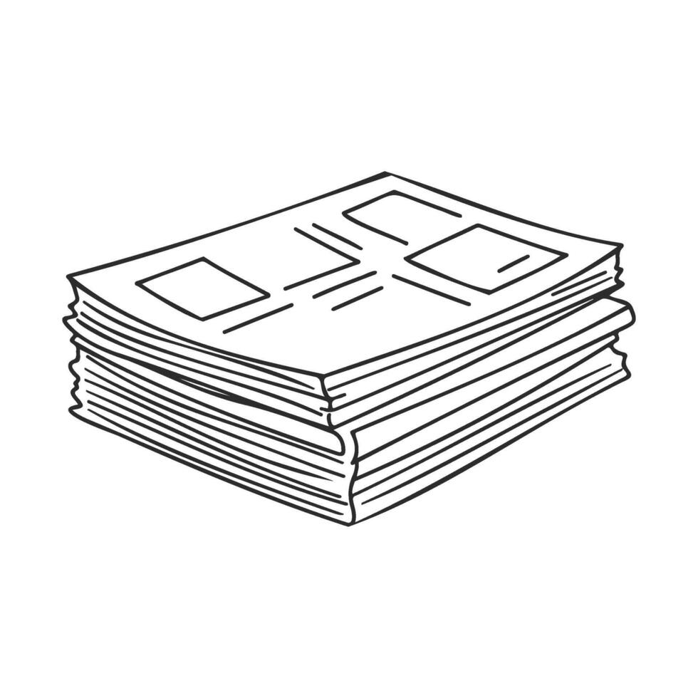 Stack of newspapers with front page illustrations in black and white drawing vector