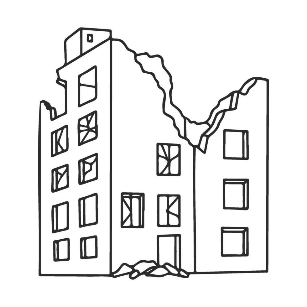 Outline of a crumbling building with broken windows and collapsed roof vector