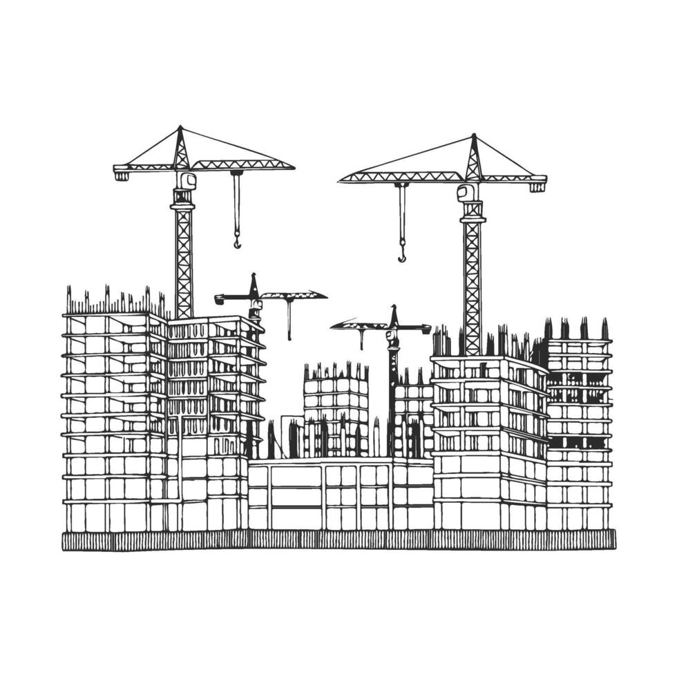 Cranes and building framework in urban construction scene vector
