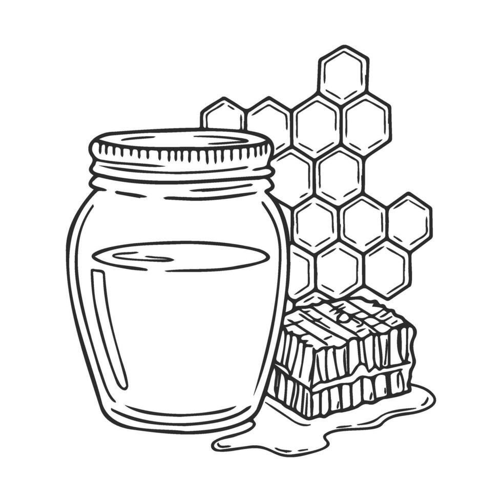 Honey jar and honeycomb drawing with hexagonal patterns and liquid vector