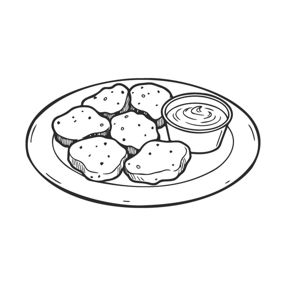 Hand drawnchicken nuggets with dipping sauce on plate in black and white vector