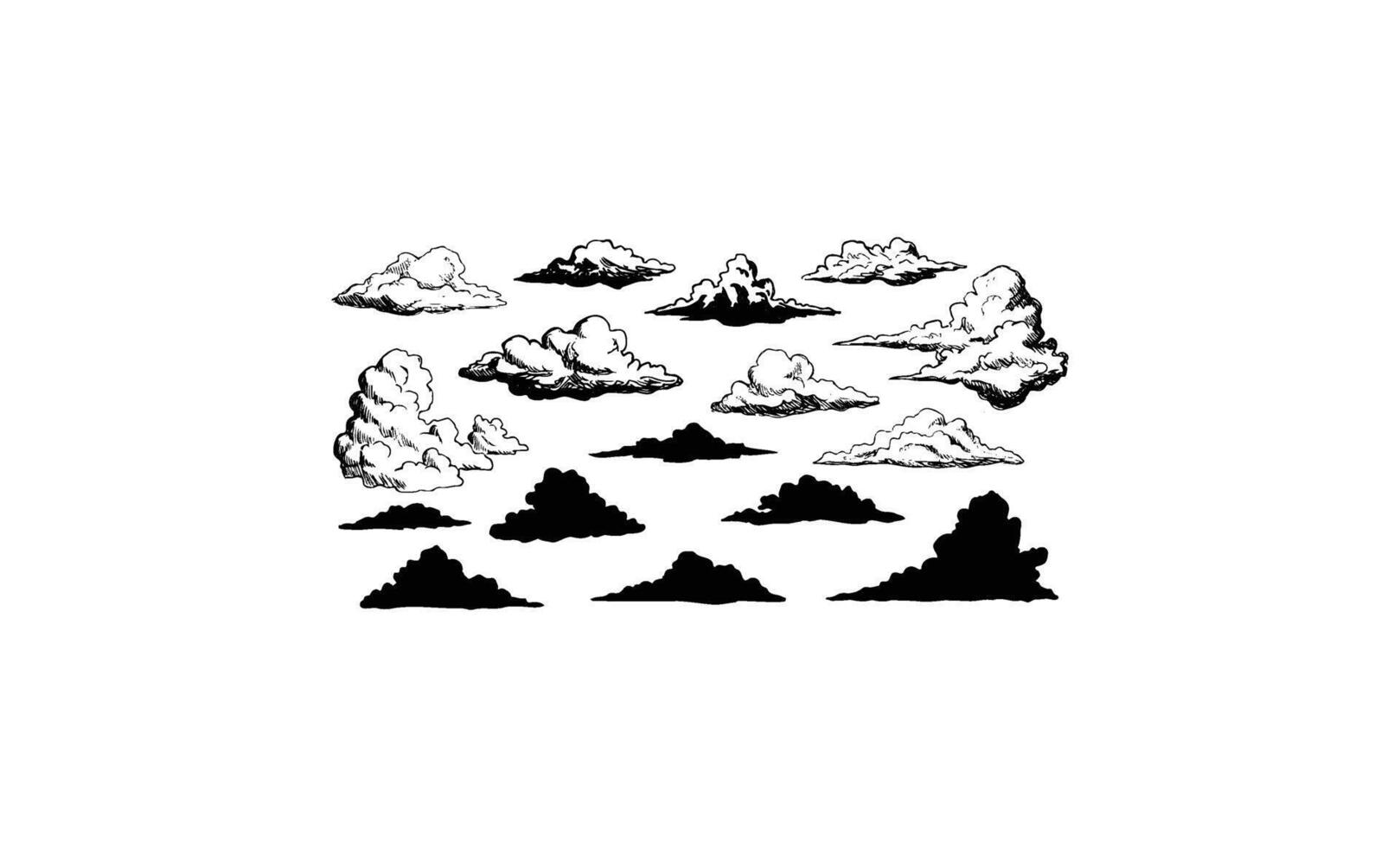 Monochrome cloud illustrations in various forms and styles on white background vector
