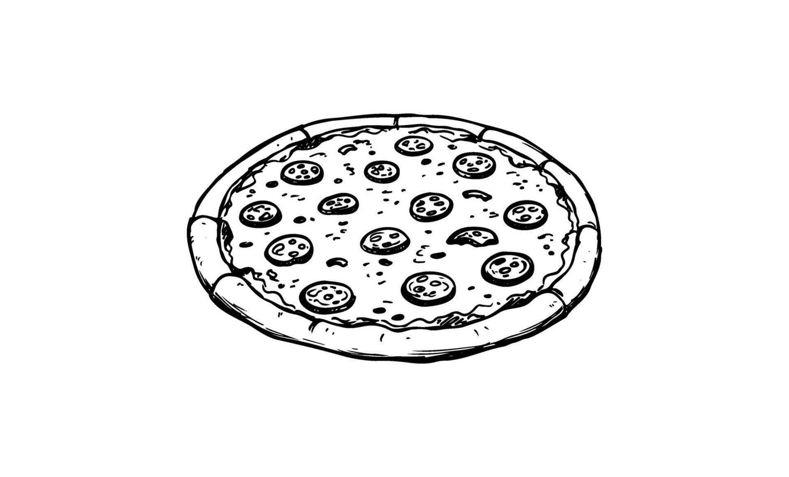 Black and white pepperoni pizza sketch with thick crust and cheese vector