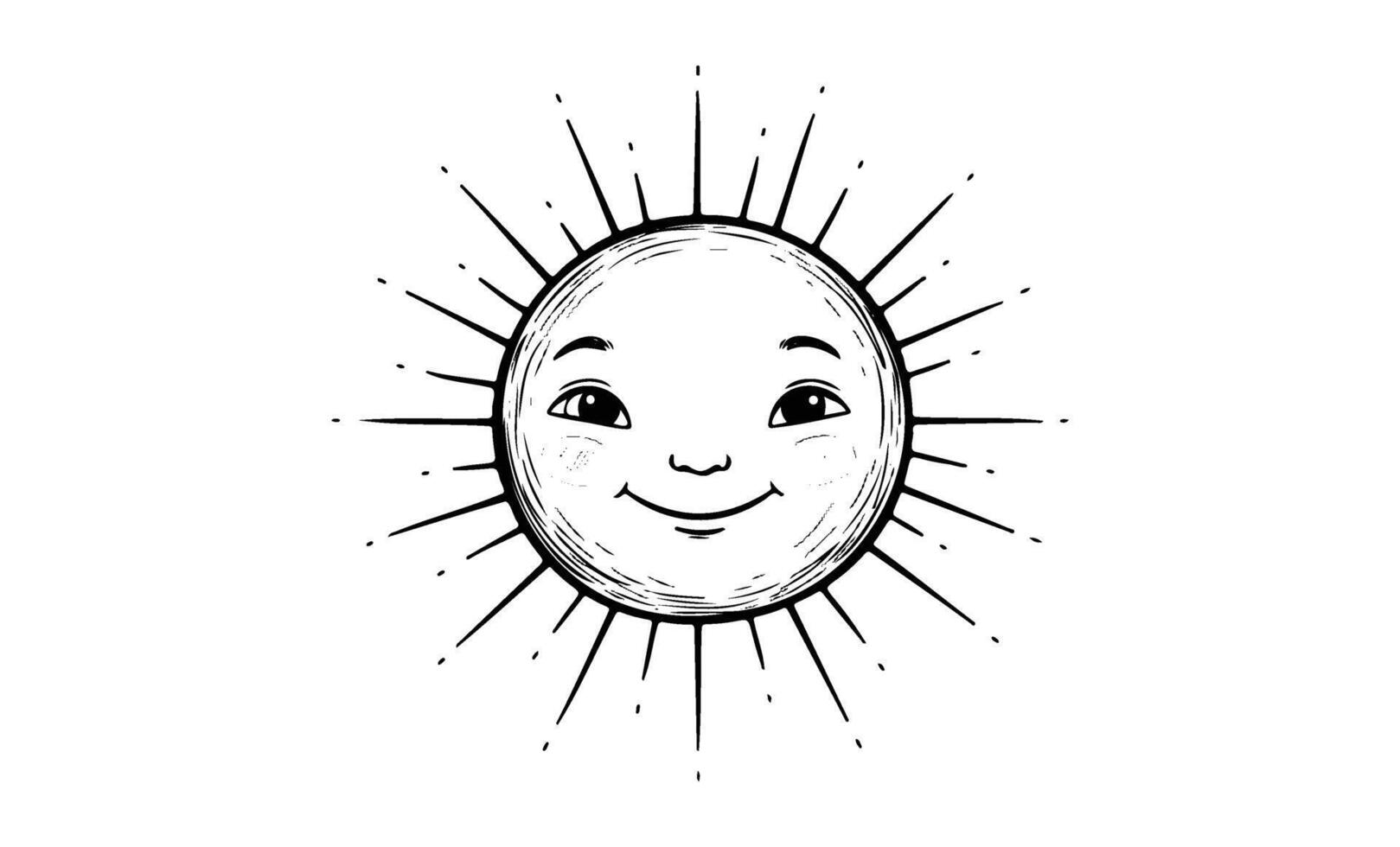 Black and white smiling sun with radiating lines and happy face vector