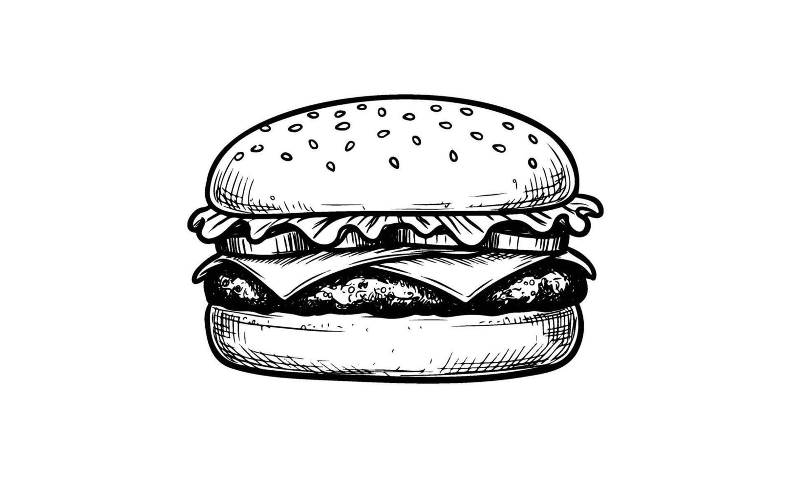 Hand drawnblack and white cheeseburger with lettuce, tomato, and sesame seed bun vector