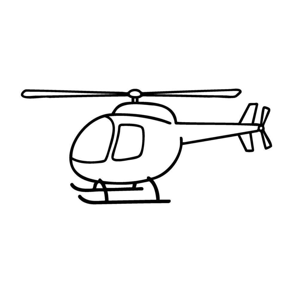 Simple black outline of a helicopter with rotor blades and skids vector