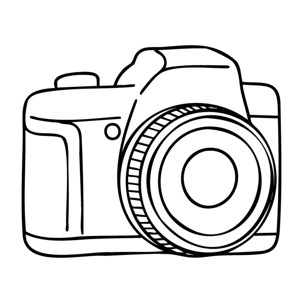 Line art illustration of a dslr camera outline with lens vector
