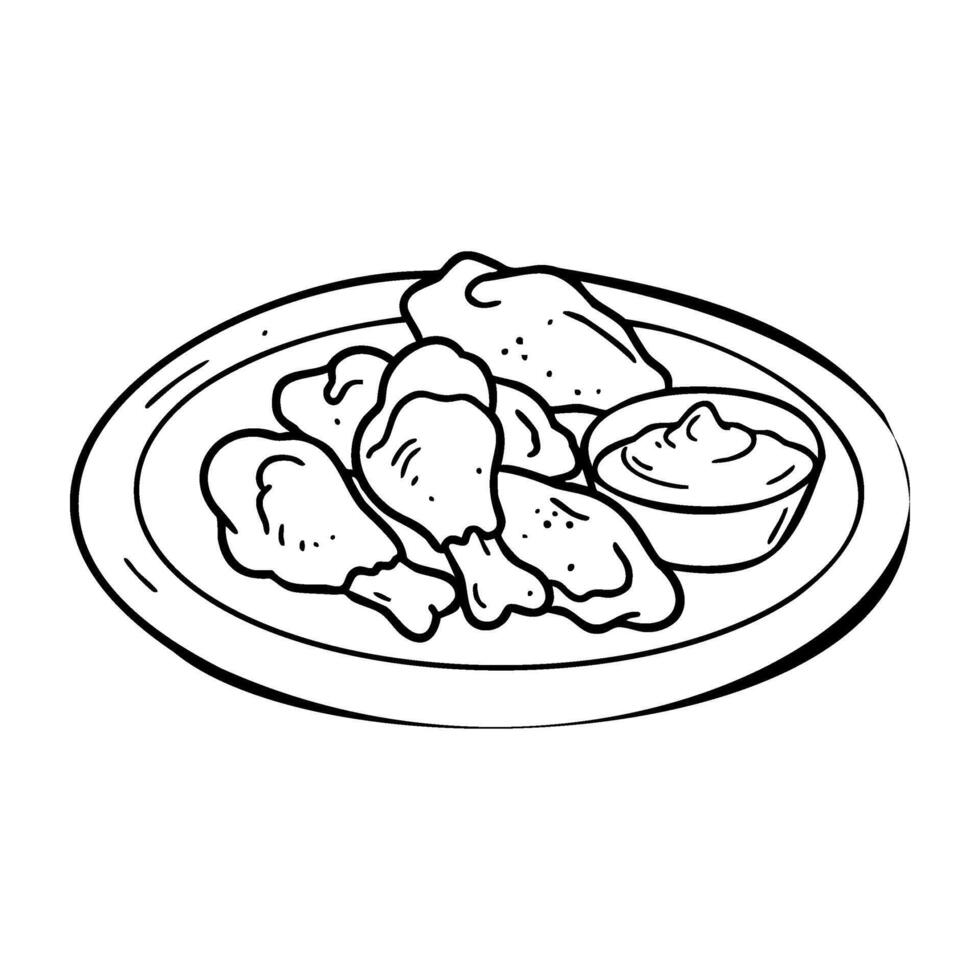 Plate of chicken wings with dipping sauce sketched in black and white outline vector