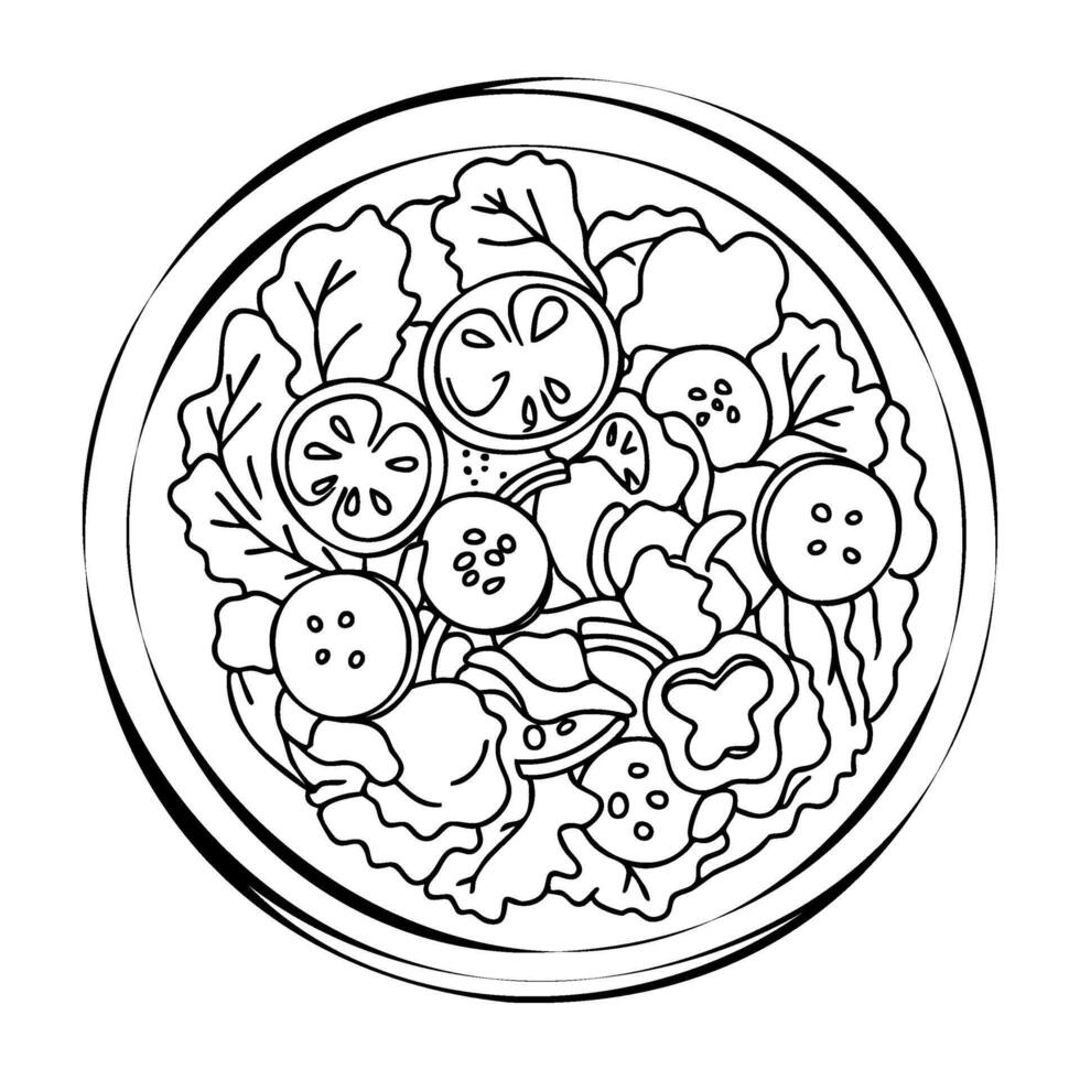 Black and white line art of a fresh vegetable salad bowl with tomatoes and lettuce vector
