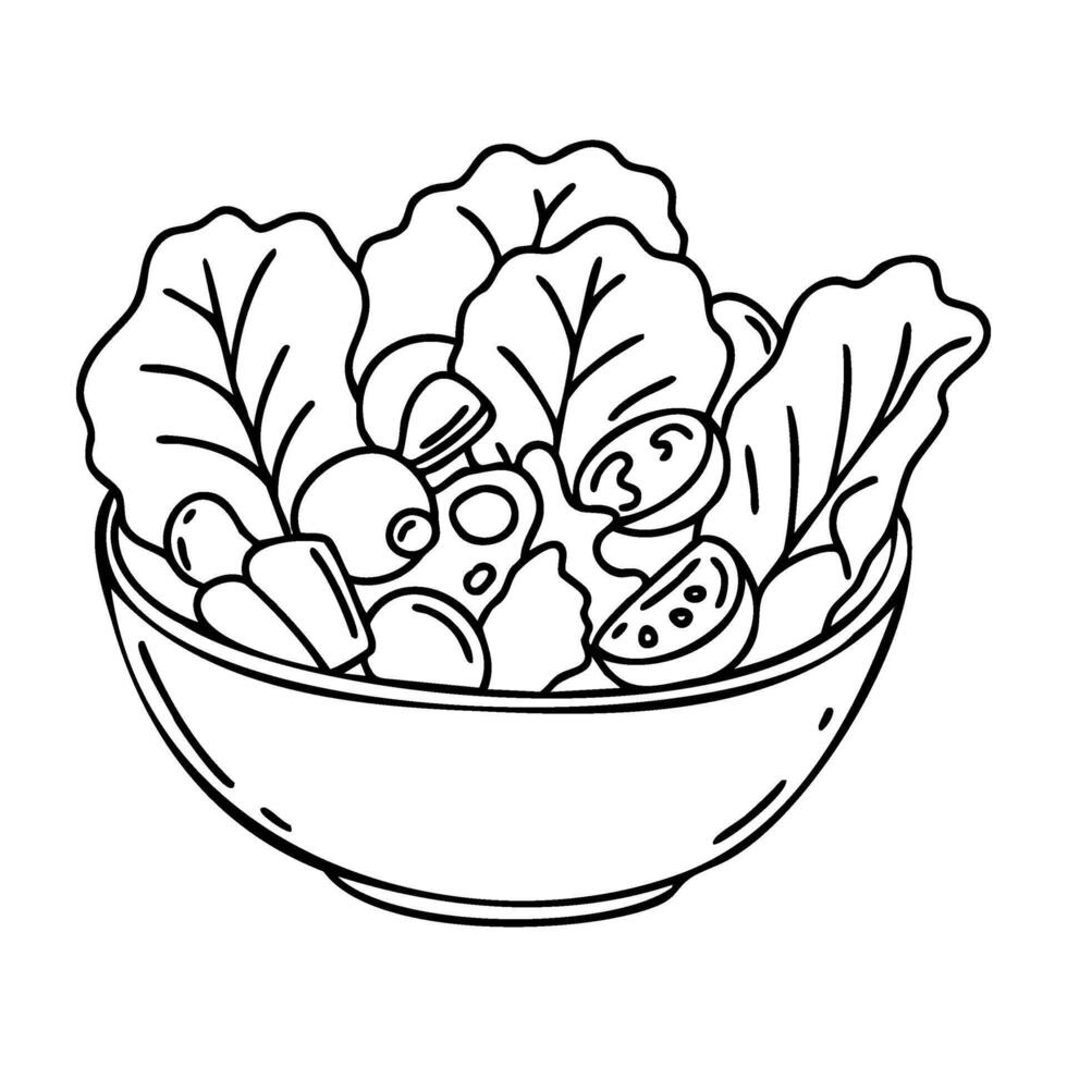 Black and white line art of a fresh vegetable salad in a bowl vector