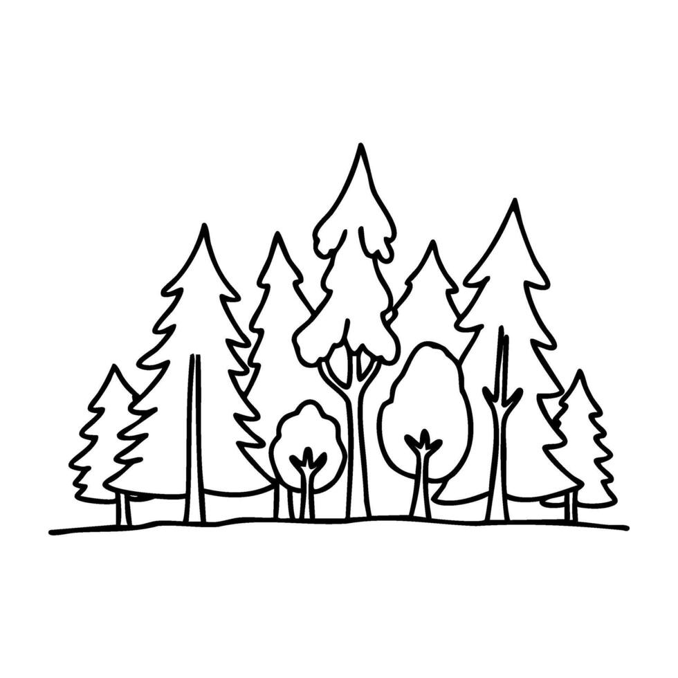 Simple forest line drawing with various tree shapes vector