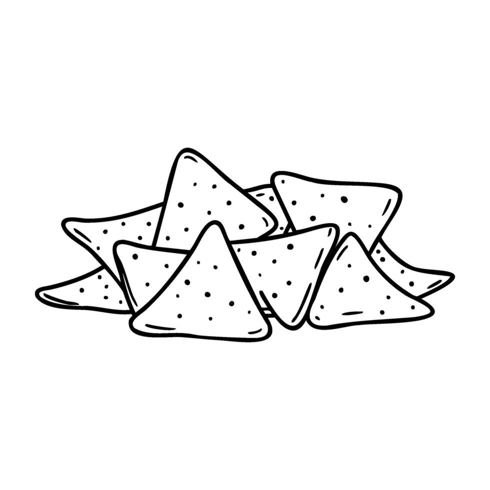 Hand-drawn nacho chips pile with dotted texture in black and white vector