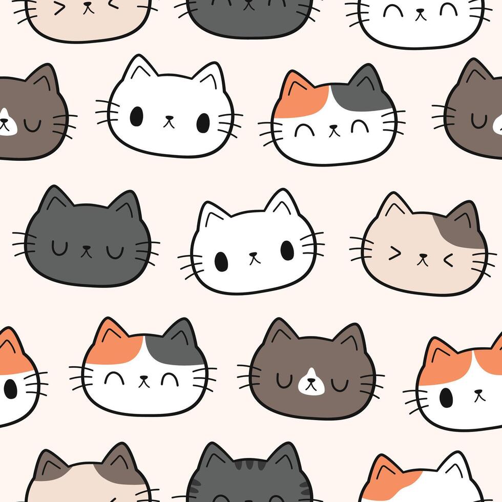 Seamless pattern with hand drawn cartoon cat head, Childish pattern with cat faces on light brown background for cloth fabric, wrapping paper vector