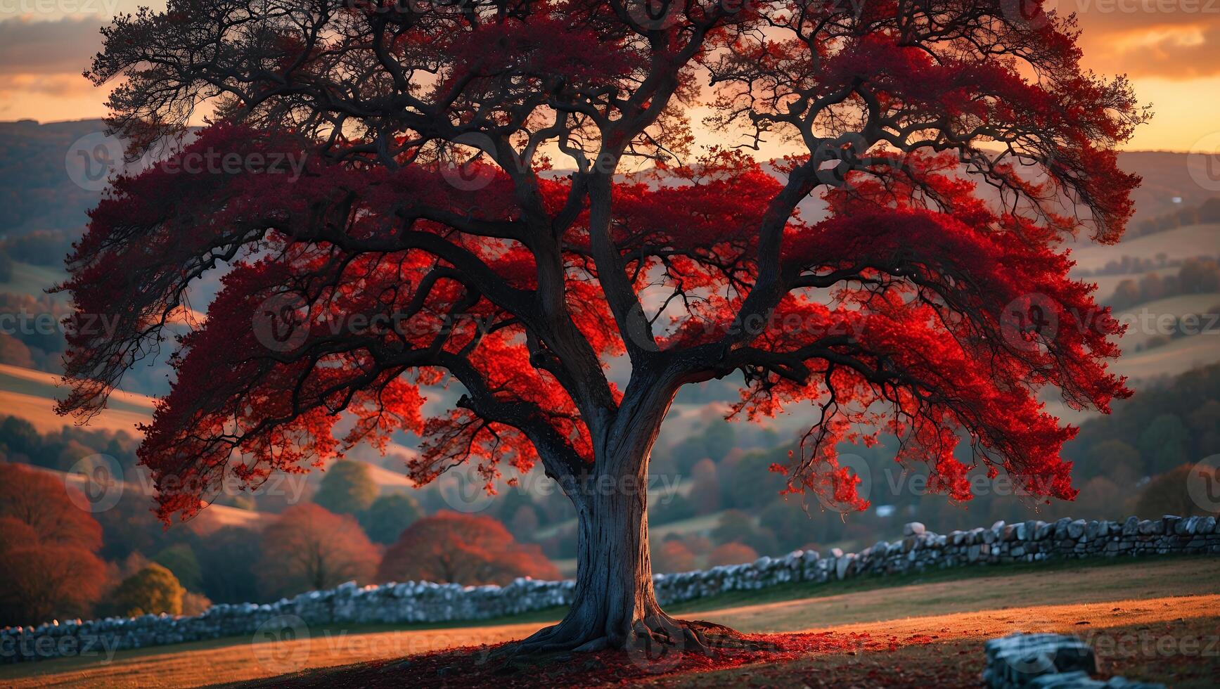 Majestic Tree Displaying Red Leaves in Open Field at Sunset photo