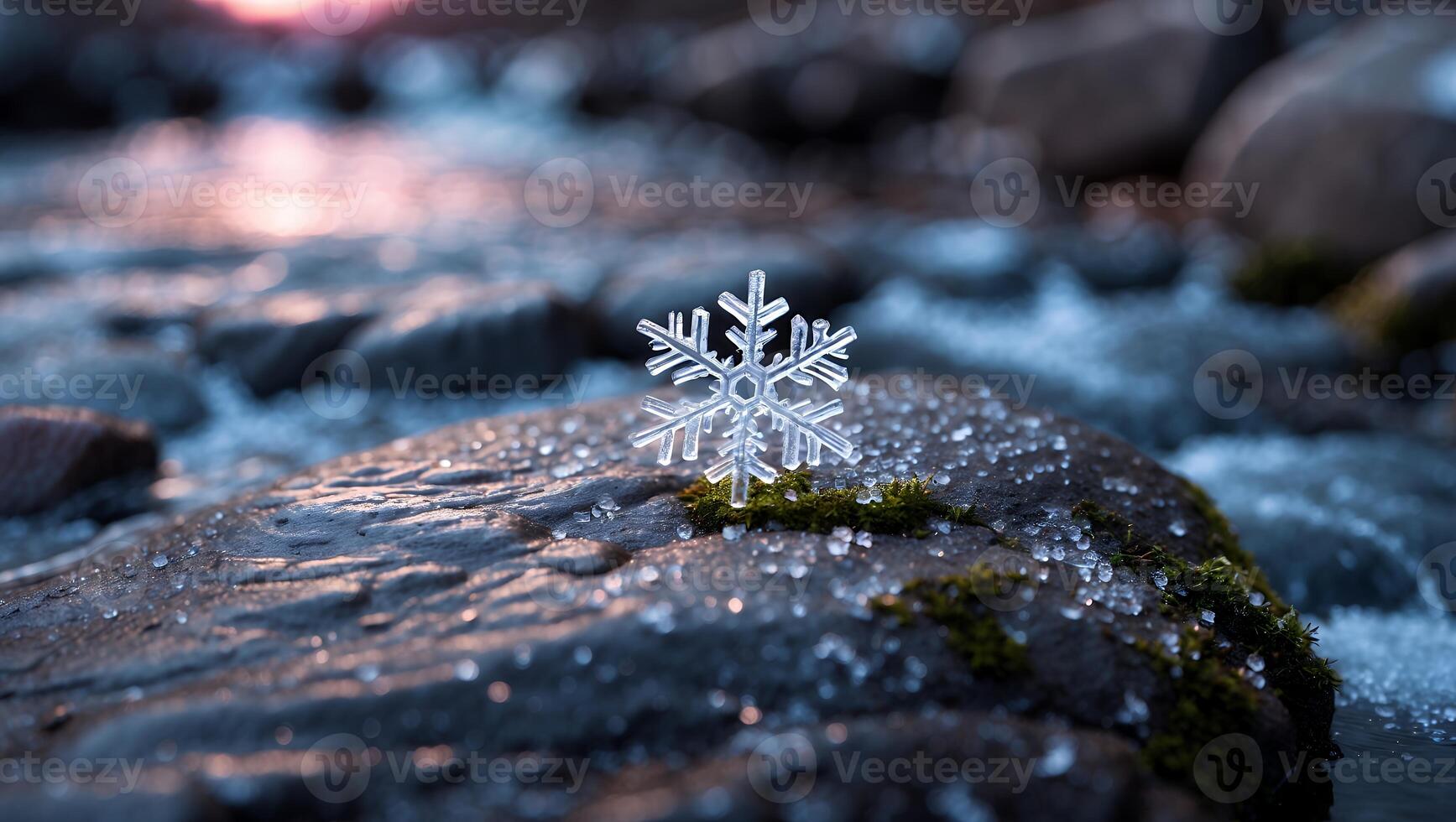 Snowflake Resting on Rock by Flowing River at Dusk Creating Winter Scene photo