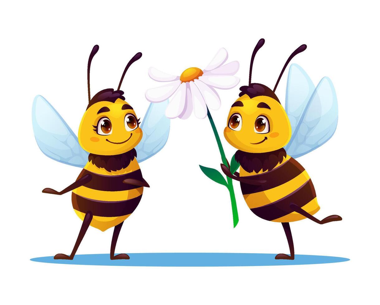 Two cartoon bees holding a flower vector