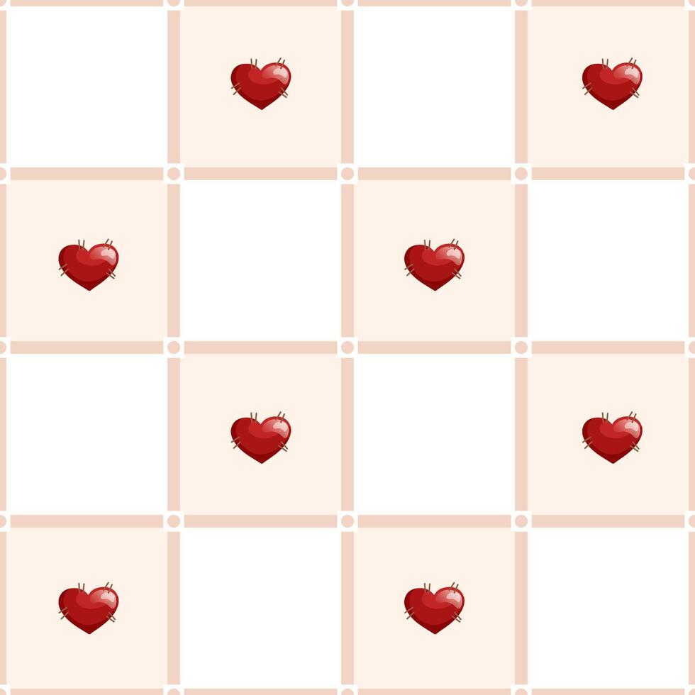 Seamless pattern with red hearts and squares. Geometric repeating gingham pattern with dots in nodes, pastel striped texture. vector
