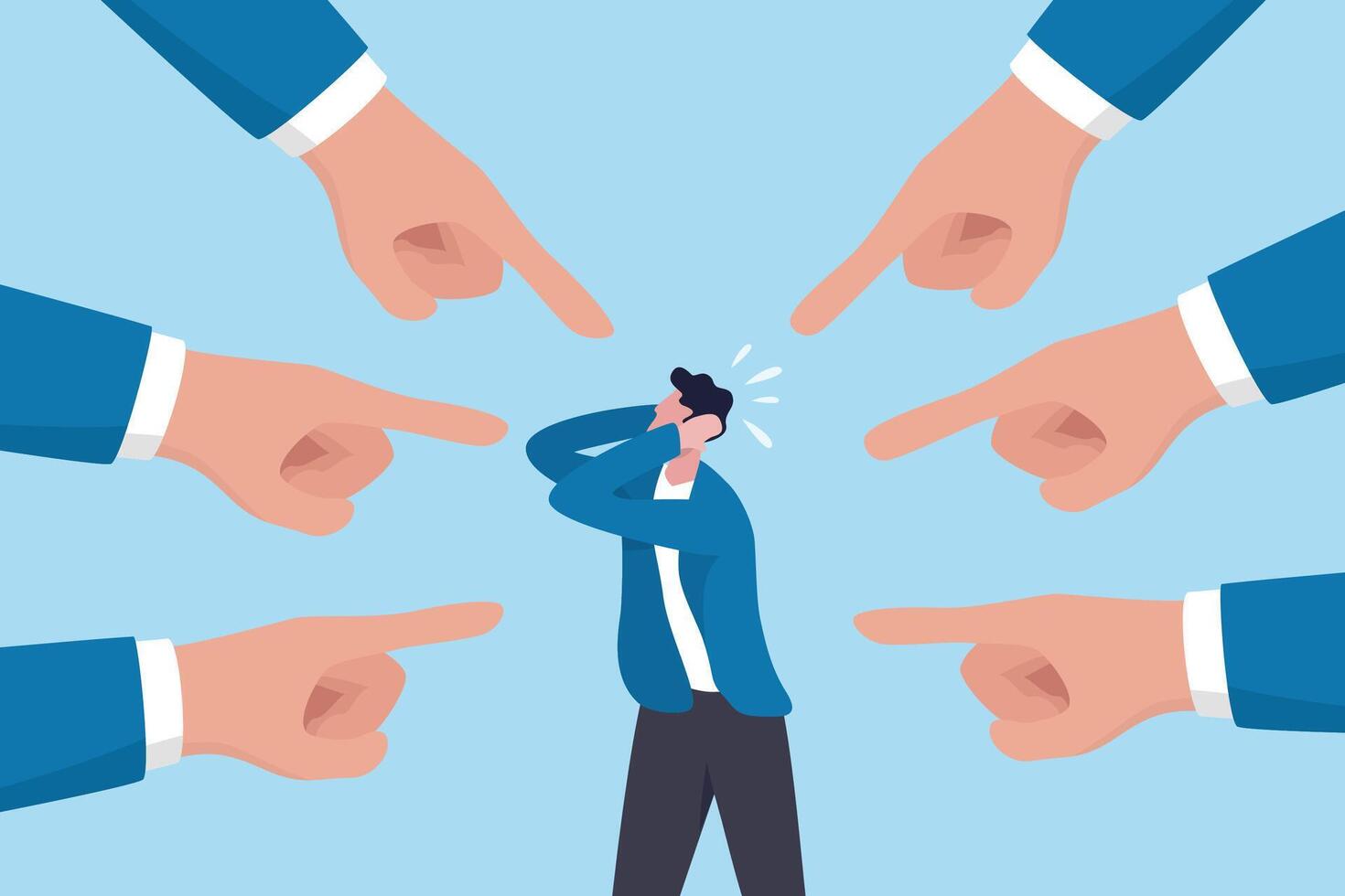 Man stressed with pointing fingers around vector