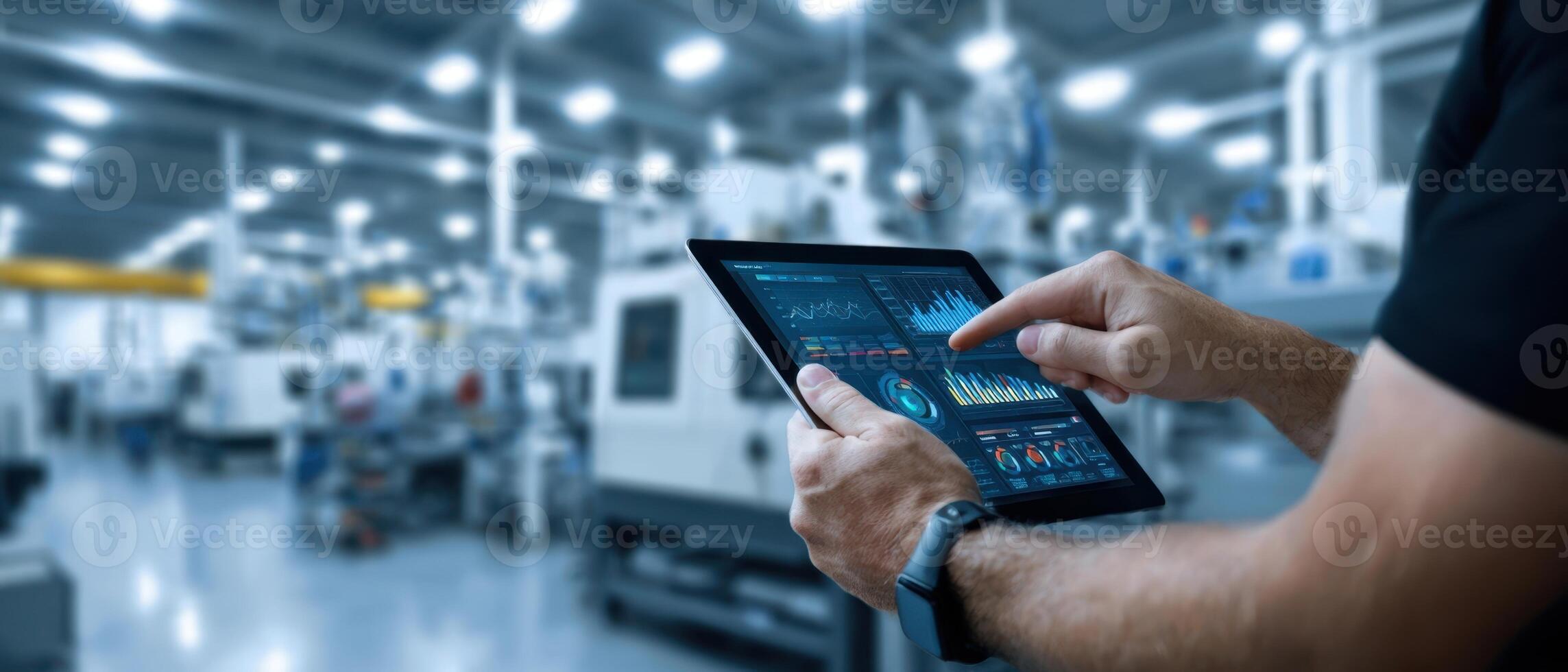 The tablet displaying analytics in a modern industrial workspace during operations. photo