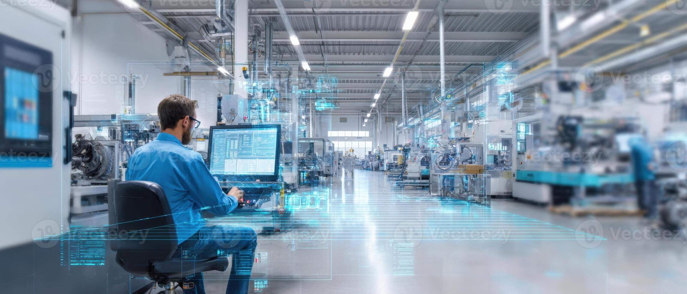 The engineer working on a computer in a modern manufacturing facility photo