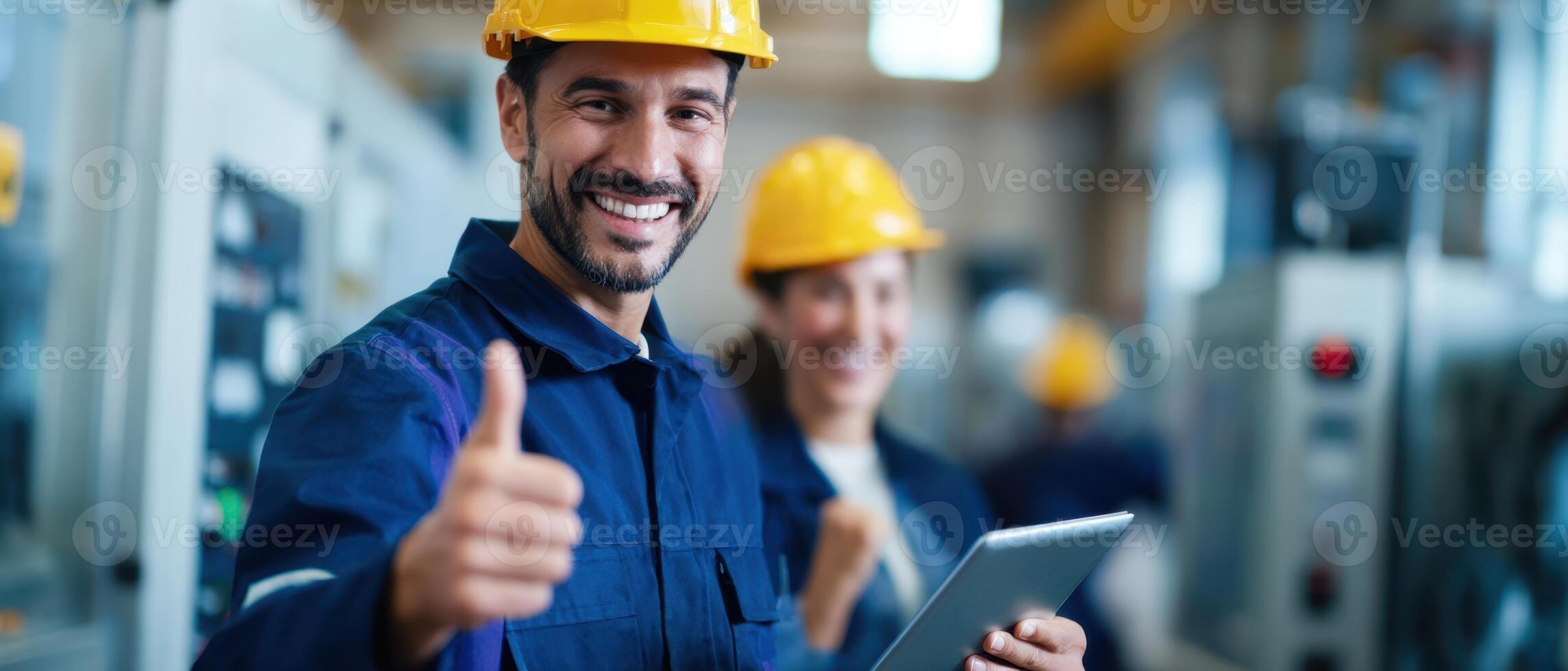 The skilled workers collaborating in an industrial setting with digital tools. photo