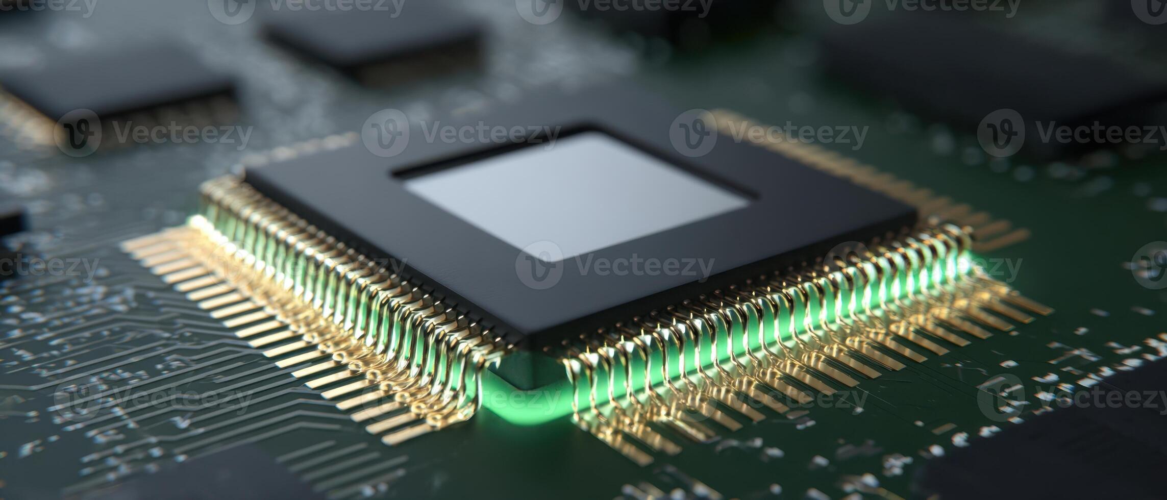 The intricate design of a modern microchip on a circuit board photo
