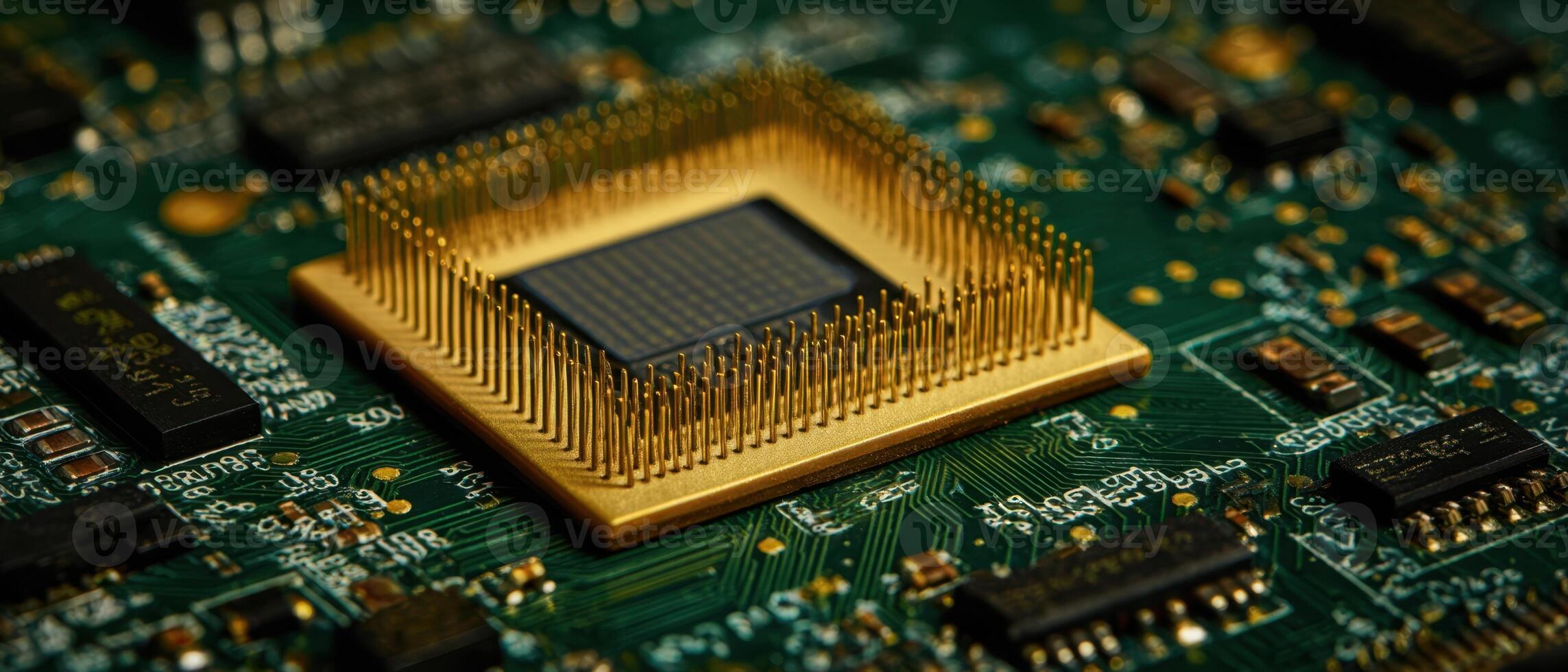 The intricate design of a microchip on a circuit board. photo