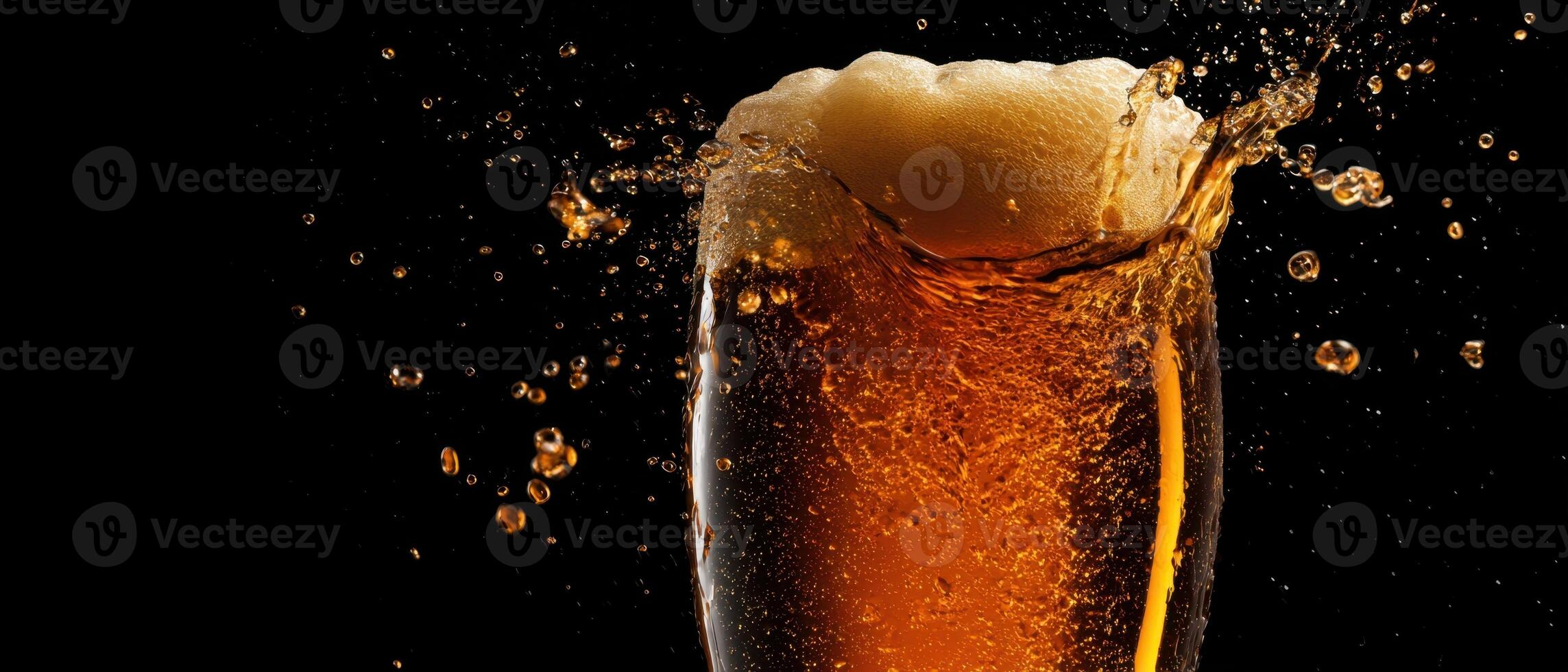 The refreshing golden beer with frothy foam and splashes in dark background. photo