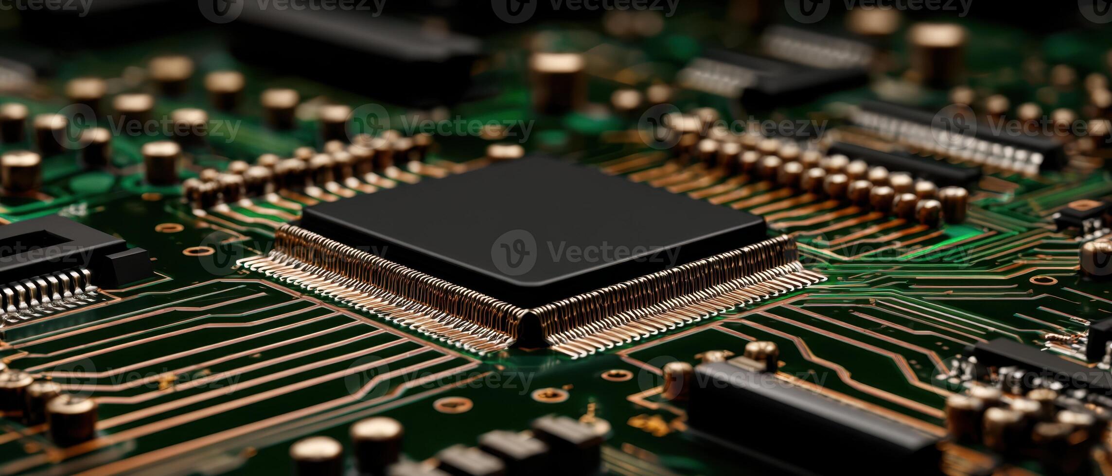 The intricate design of a microprocessor on a circuit board. photo