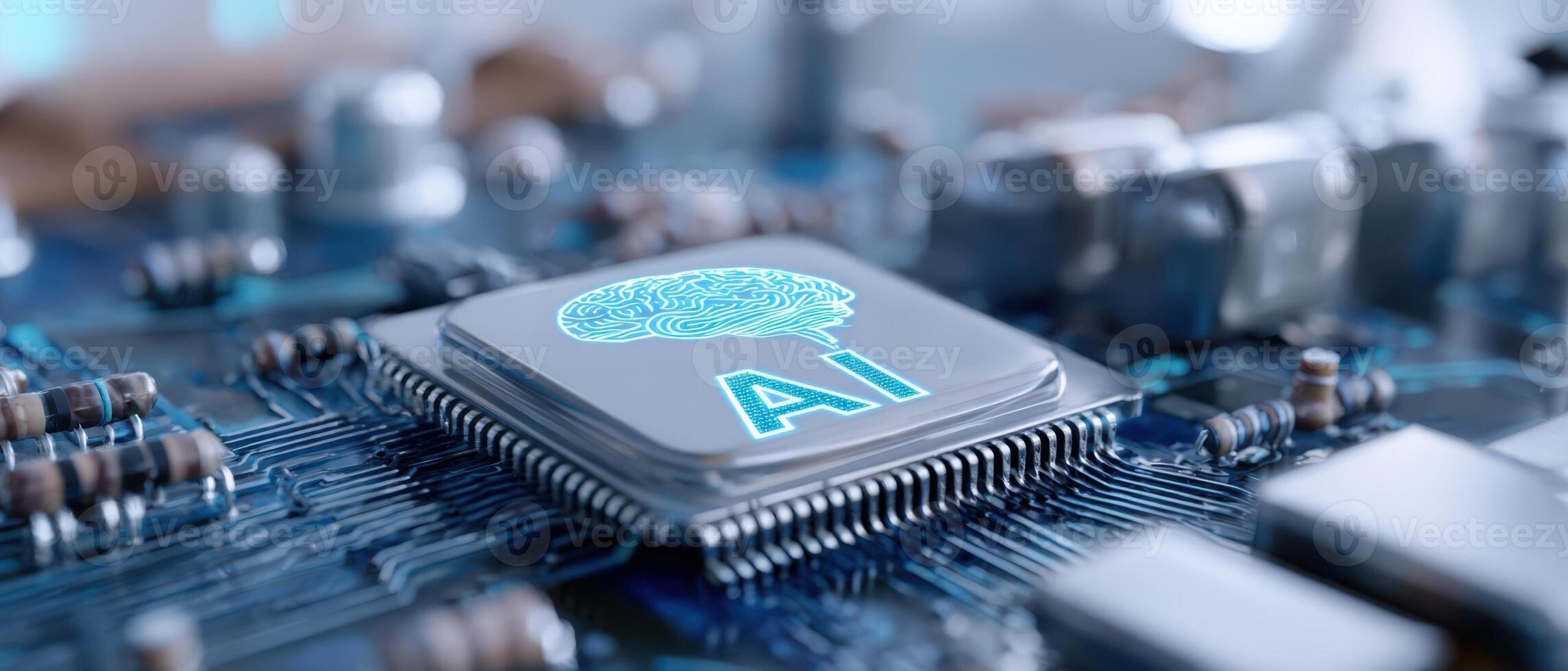 The microchip featuring artificial intelligence design on a futuristic circuit board. photo