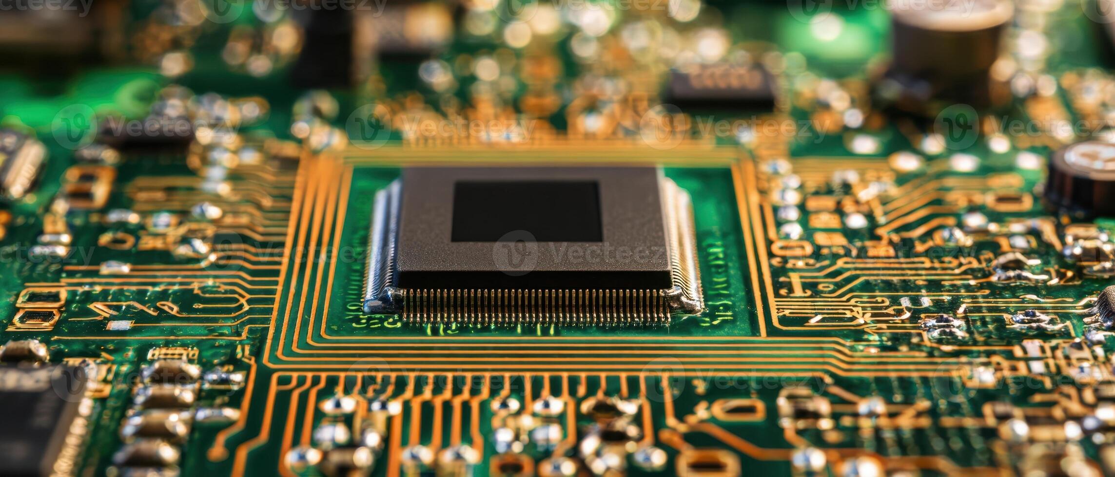 The intricate microchip on a vibrant green circuit board highlighting advanced technology. photo